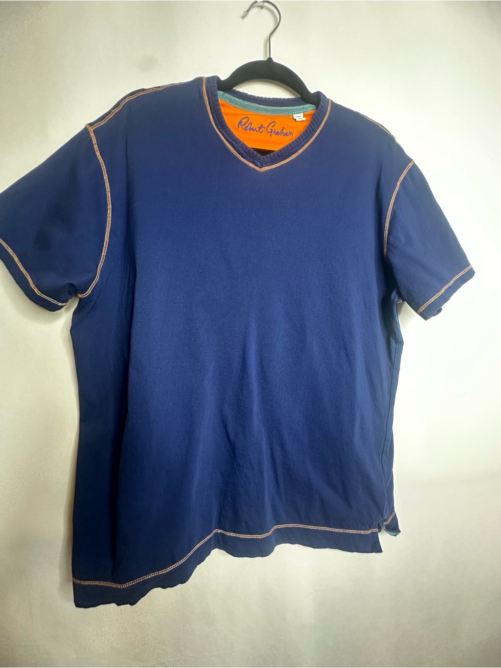 Robert Graham Navy V-Neck Short Sleeve Tee with Orange Trim